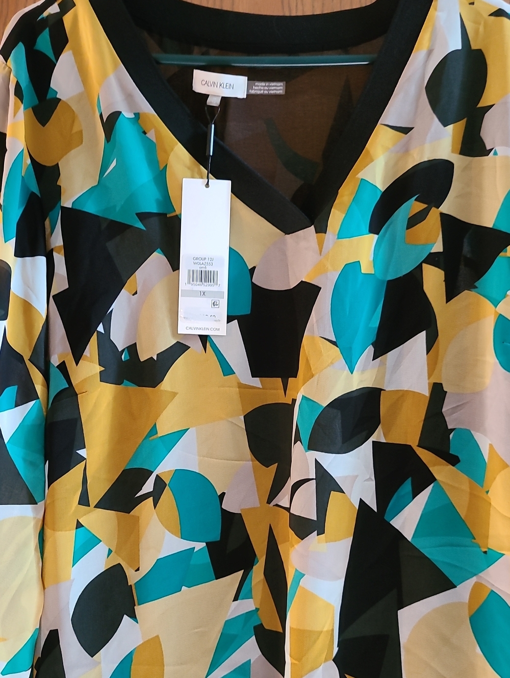Calvin Klein Abstract V-Neck Tunic in Yellow, Teal, Black